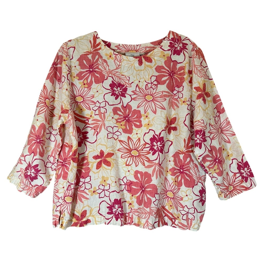Hot Cotton Vtg Linen Cotton Blend Floral Print 3/4 Sleeve Top Sz‎ L Made in USA